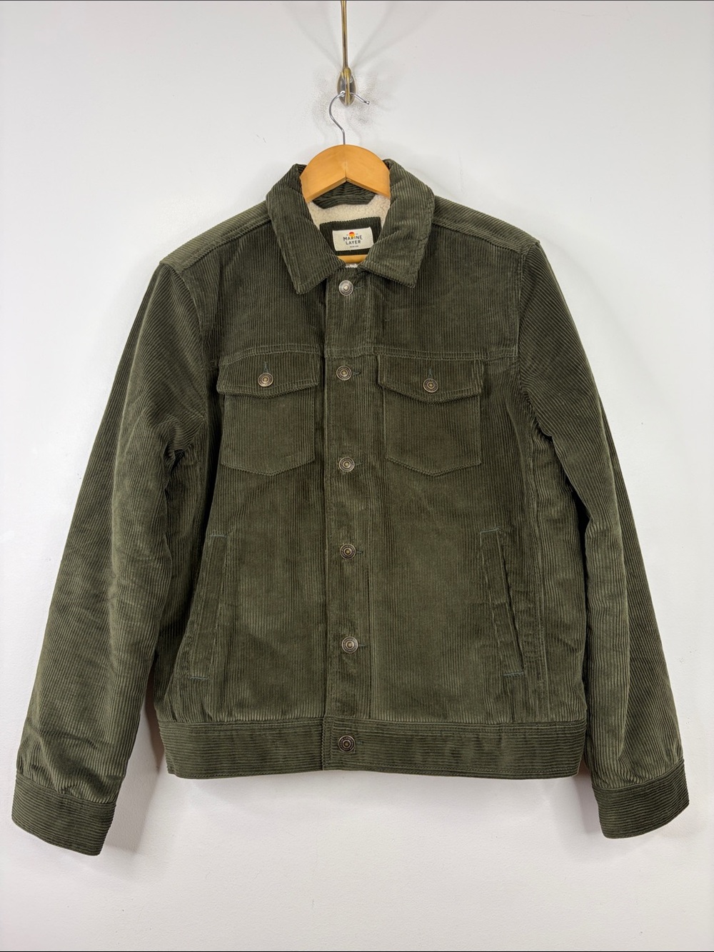 Marine Layer Trucker Jacket Mens Medium Olive Green Fleece Lined Corduroy